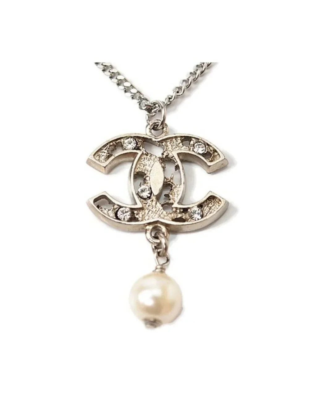 Chanel Coco Mark Rhinestone Faux Pearl Silver Rye White Gold
